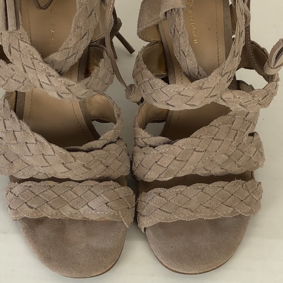 BCBG Sandals Taupe Suede Chunky Heels Size 6.5 Strappy - Picture 11 of 14